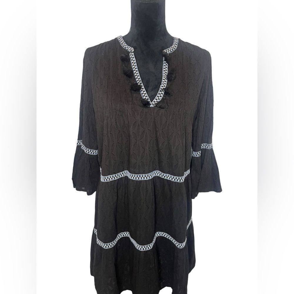 NWT TOMMY BAHAMA EMBROIDERED TIERED TASSEL BLACK DRESS WOMENS SIZE MEDIUM - Picture 9 of 10